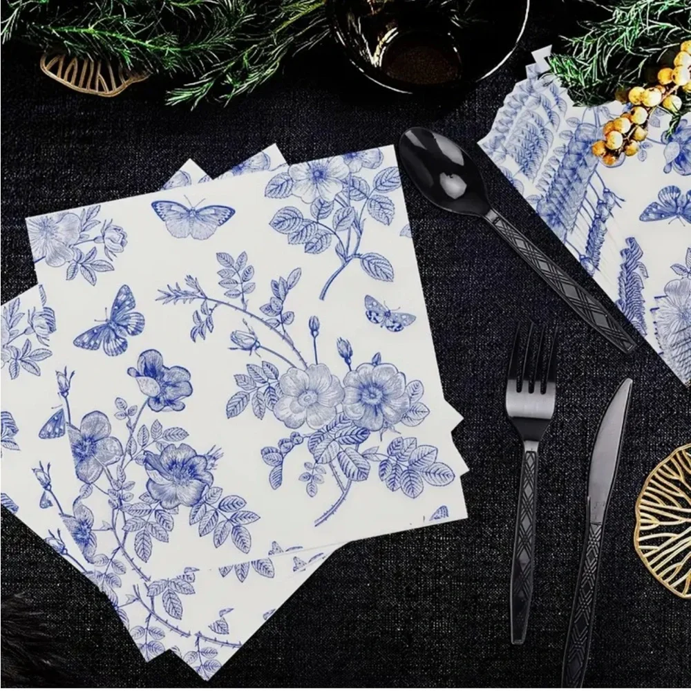 Floral Blue and White Butterfly Luncheon Napkins (1539), 20 ct